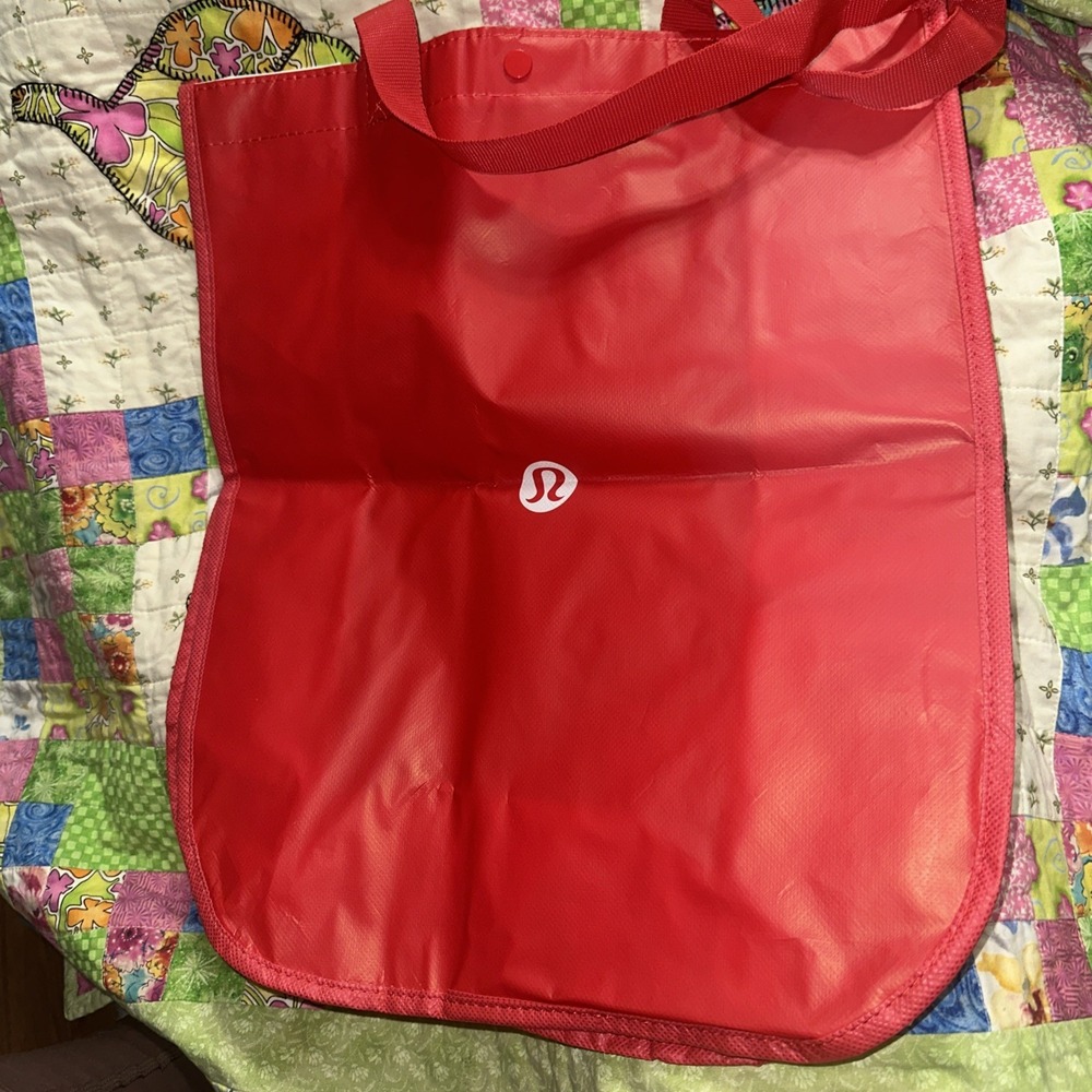 Lululemon Logo Reusable Shopping Gift Bag Red White Sides Tote 14"x16" W/Snap